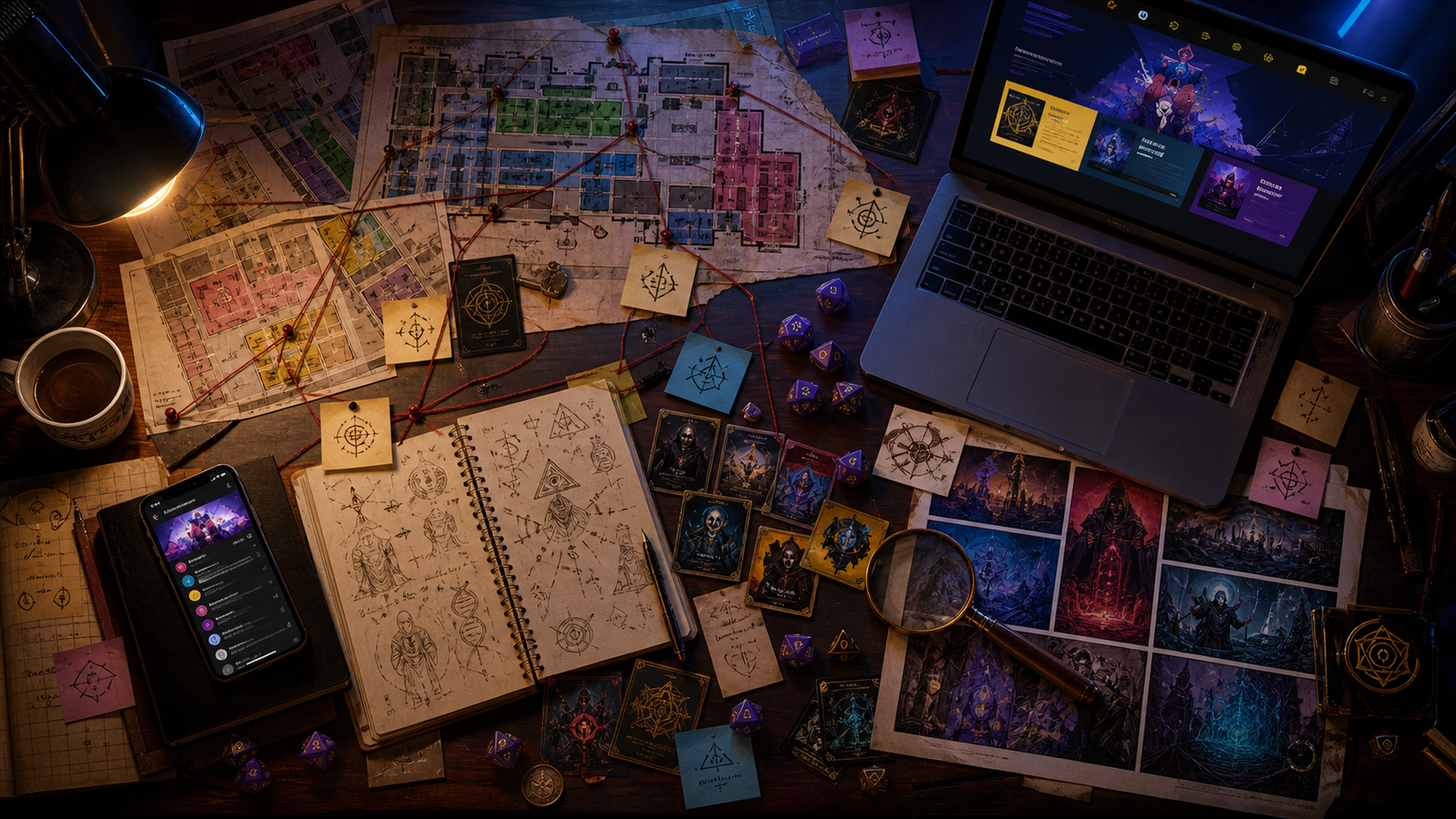 Mesa friki con mapas, pistas, dados, cartas y símbolos de La Búsqueda del Orum